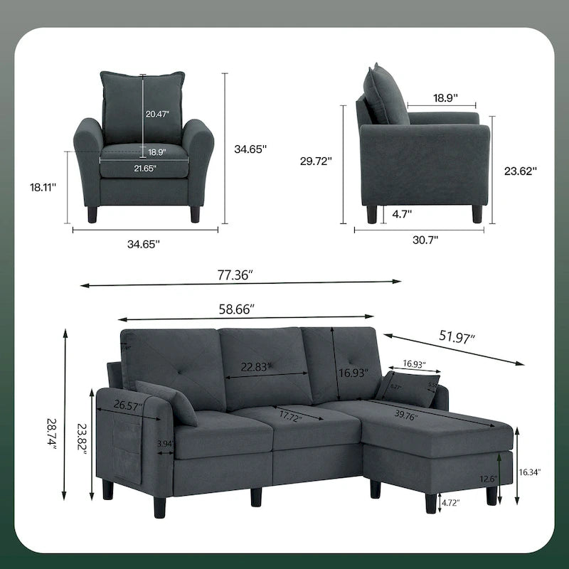 3-Pieces Sectional Sofa Set with Ottoman and Chair