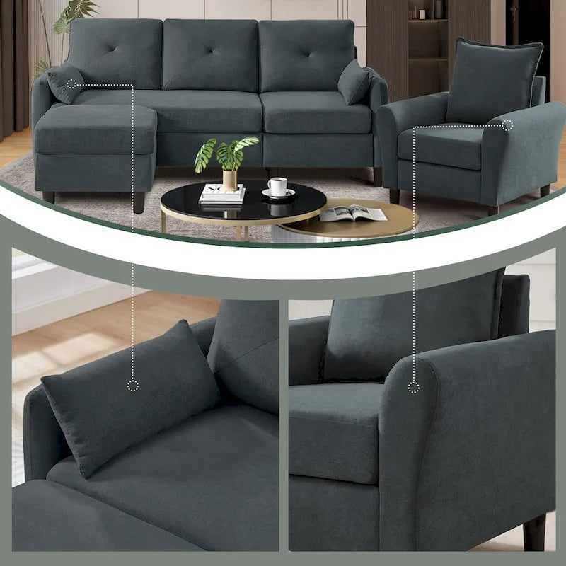 3-Pieces Sectional Sofa Set with Ottoman and Chair