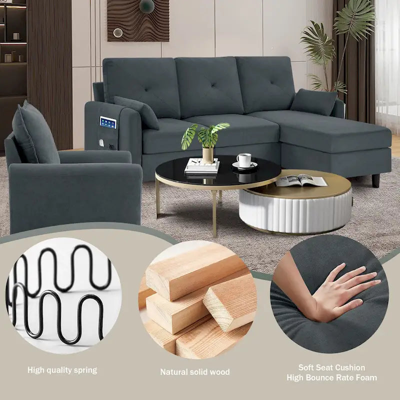 3-Pieces Sectional Sofa Set with Ottoman and Chair