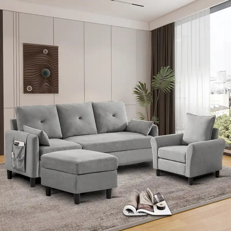 3-Pieces Sectional Sofa Set with Ottoman and Chair