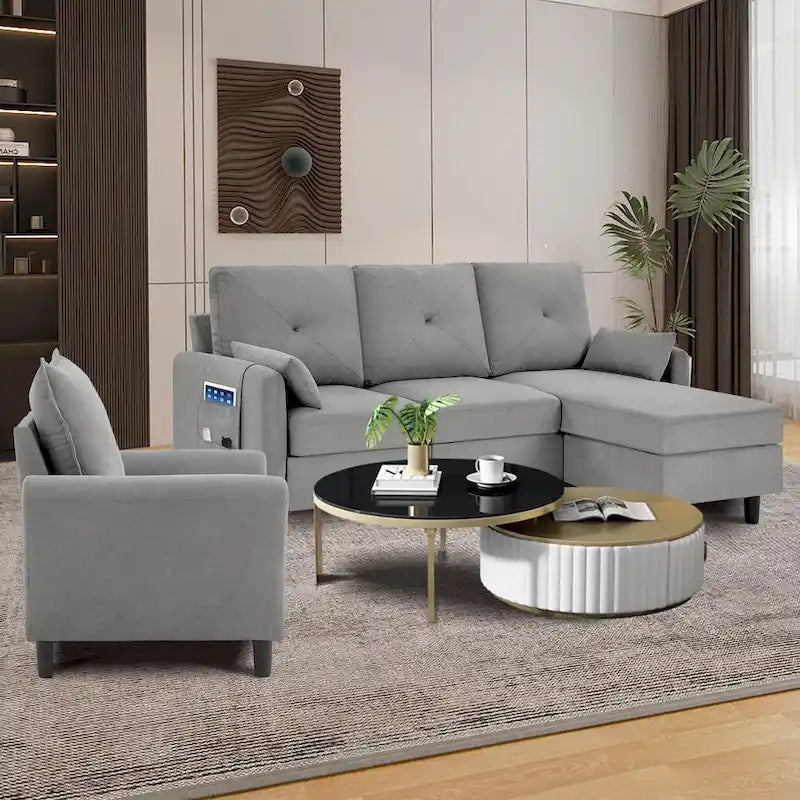 3-Pieces Sectional Sofa Set with Ottoman and Chair