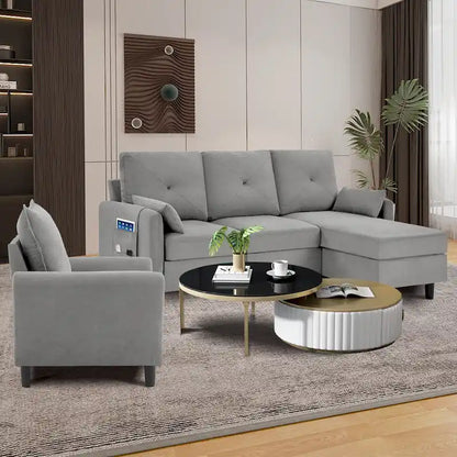 3-Pieces Sectional Sofa Set with Ottoman and Chair