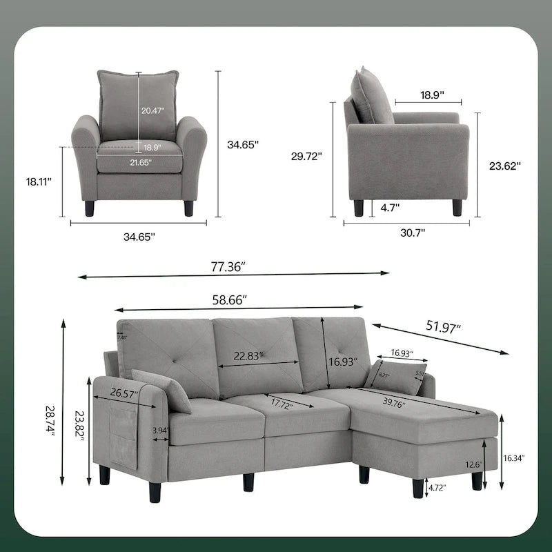 3-Pieces Sectional Sofa Set with Ottoman and Chair