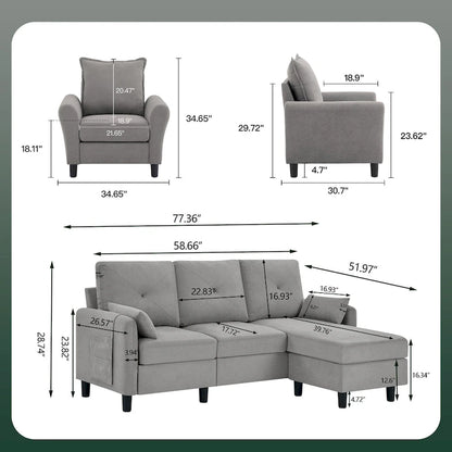 3-Pieces Sectional Sofa Set with Ottoman and Chair