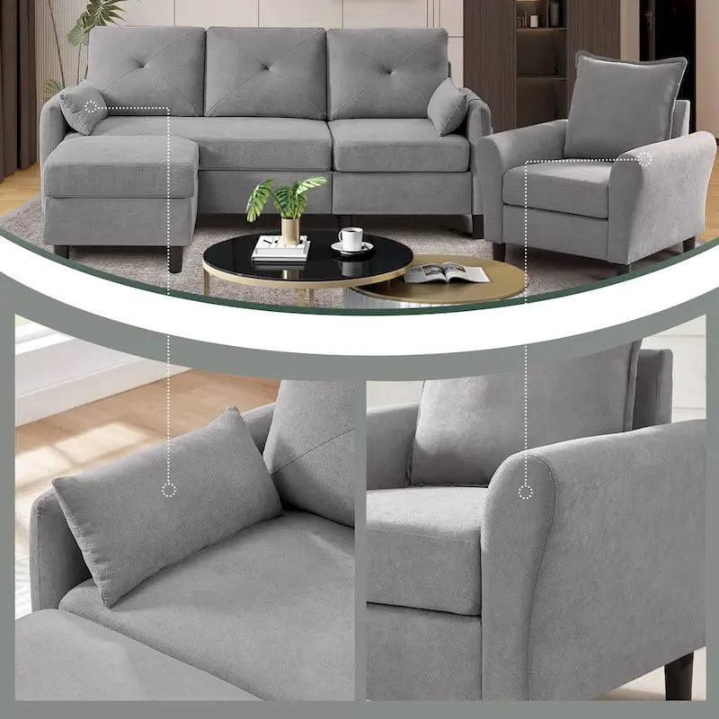 3-Pieces Sectional Sofa Set with Ottoman and Chair