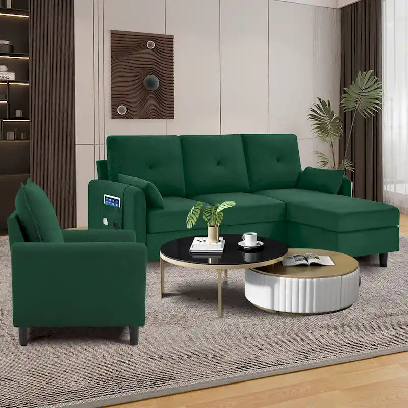3-Pieces Sectional Sofa Set with Ottoman and Chair