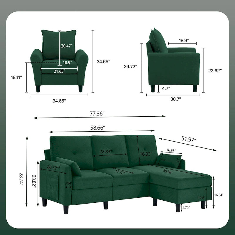 3-Pieces Sectional Sofa Set with Ottoman and Chair