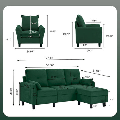 3-Pieces Sectional Sofa Set with Ottoman and Chair