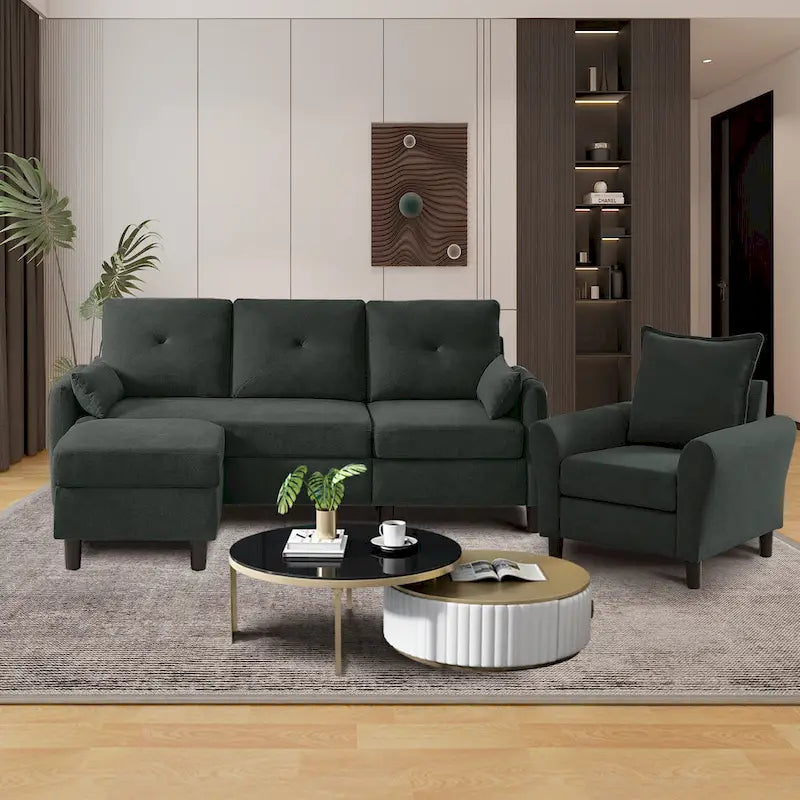 3-Pieces Sectional Sofa Set with Ottoman and Chair