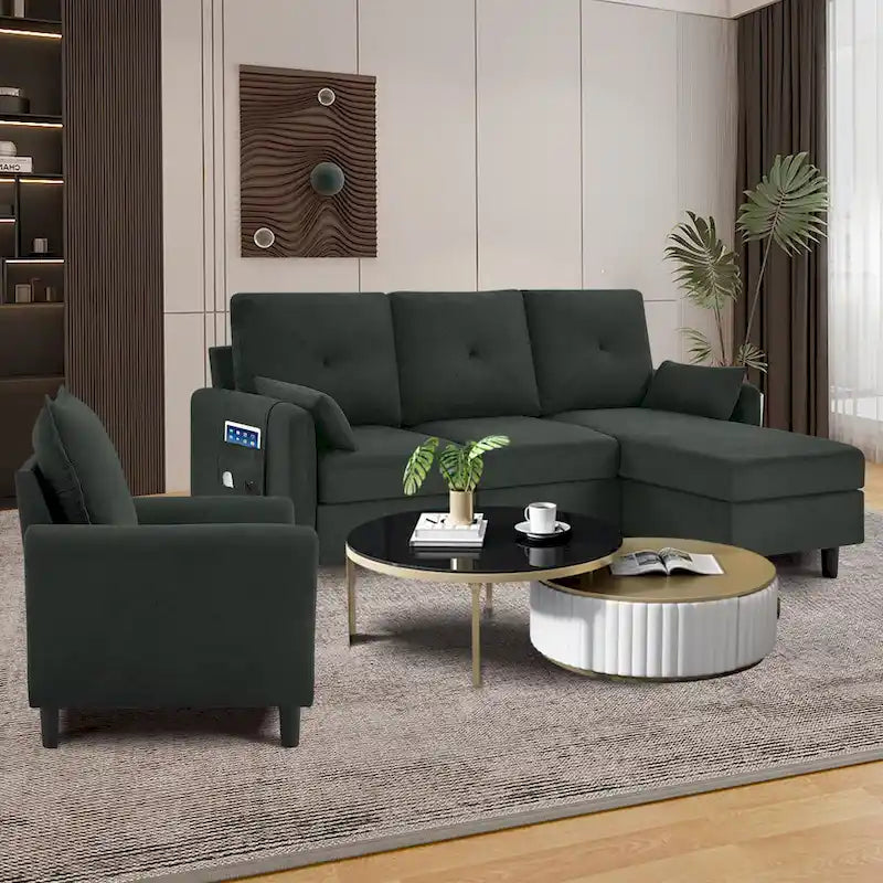 3-Pieces Sectional Sofa Set with Ottoman and Chair