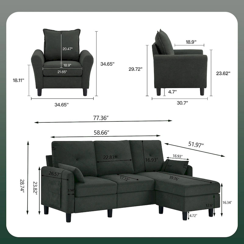 3-Pieces Sectional Sofa Set with Ottoman and Chair