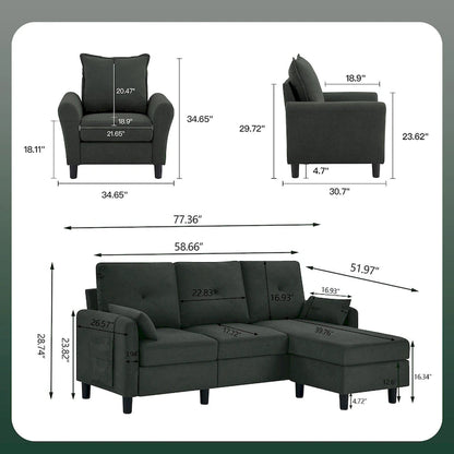 3-Pieces Sectional Sofa Set with Ottoman and Chair