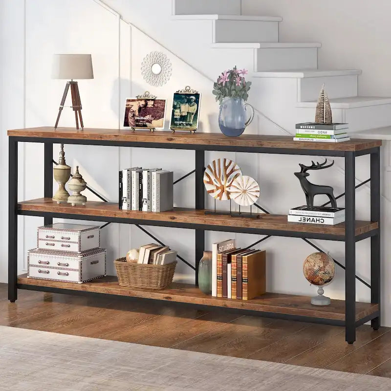 70.8 Extra Long Narrow Console Table Sofa Table Entryway Table with 3 Tiers Storage Shelves