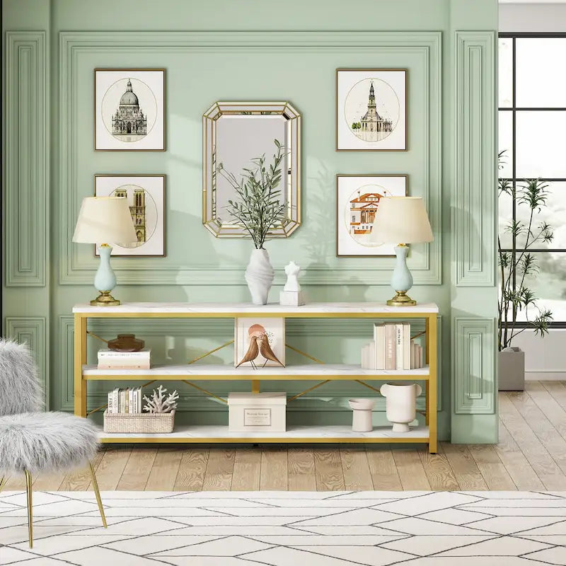 70.8 Extra Long Narrow Console Table Sofa Table Entryway Table with 3 Tiers Storage Shelves