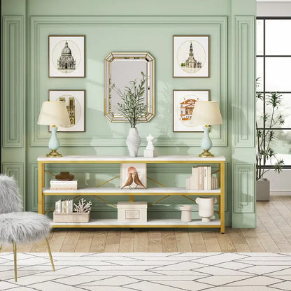 70.8 Extra Long Narrow Console Table Sofa Table Entryway Table with 3 Tiers Storage Shelves