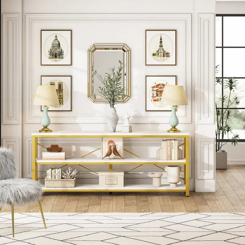 70.8 Extra Long Narrow Console Table Sofa Table Entryway Table with 3 Tiers Storage Shelves