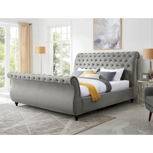 Roundhill Furniture Evora Grey Velvet Button-tufted Sleigh Bed