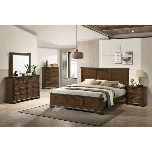 Roundhill Furniture Maderne Traditional Wood Panel Bed with Dresser, Mirror, Nightstand, Chest, Antique Walnut Finish