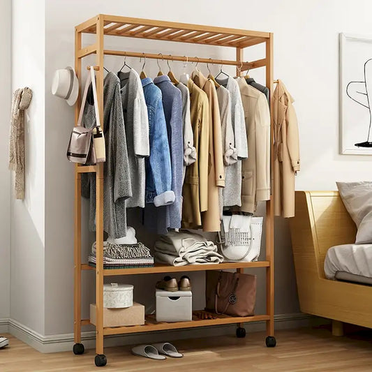 Rolling Clothes Garment Racks Bamboo Hanging Stand