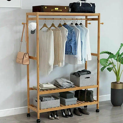 Rolling Clothes Garment Racks Bamboo Hanging Stand