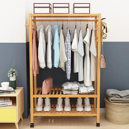 Rolling Clothes Garment Racks Bamboo Hanging Stand