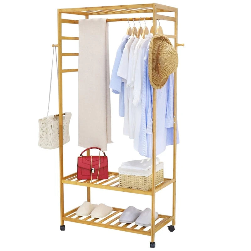 Rolling Clothes Garment Racks Bamboo Hanging Stand