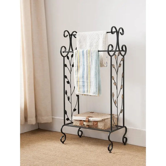 Black Metal with Gold Leaf Free Towel Rack Stand with Shelf