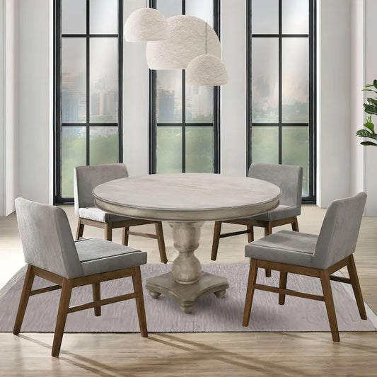 42 Inch Handcrafted Mango Wood Dining Table, Pedestal Base, Round Molded Top, Washed White, Gray