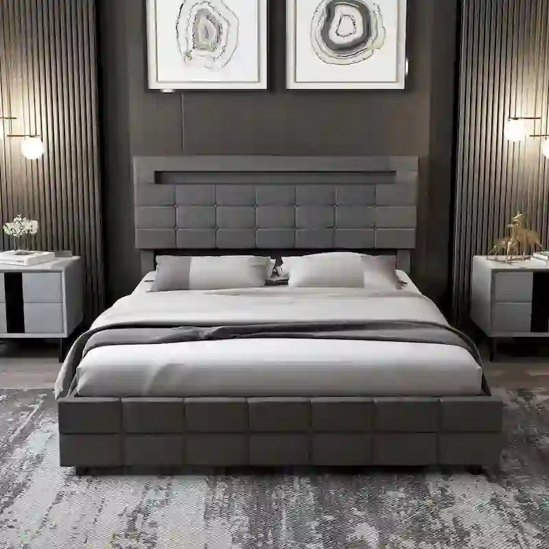 Queen Bed Frame with Storage Drawers Adjustable Headboard Lights LED