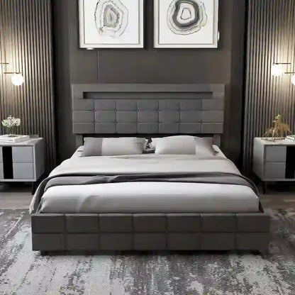 Queen Bed Frame with Storage Drawers Adjustable Headboard Lights LED