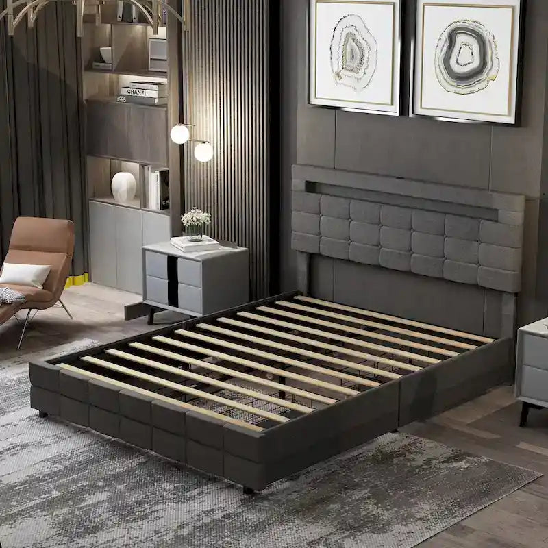 Queen Bed Frame with Storage Drawers Adjustable Headboard Lights LED