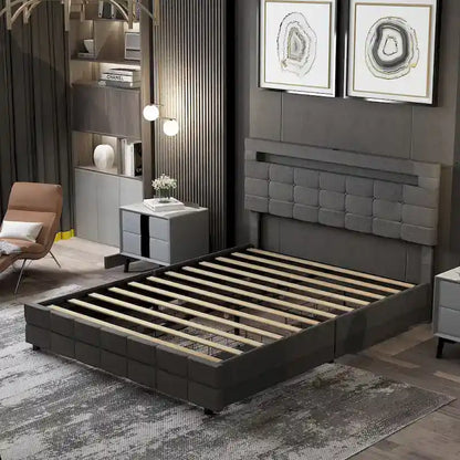 Queen Bed Frame with Storage Drawers Adjustable Headboard Lights LED