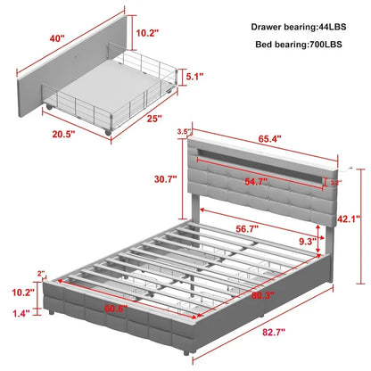 Queen Bed Frame with Storage Drawers Adjustable Headboard Lights LED