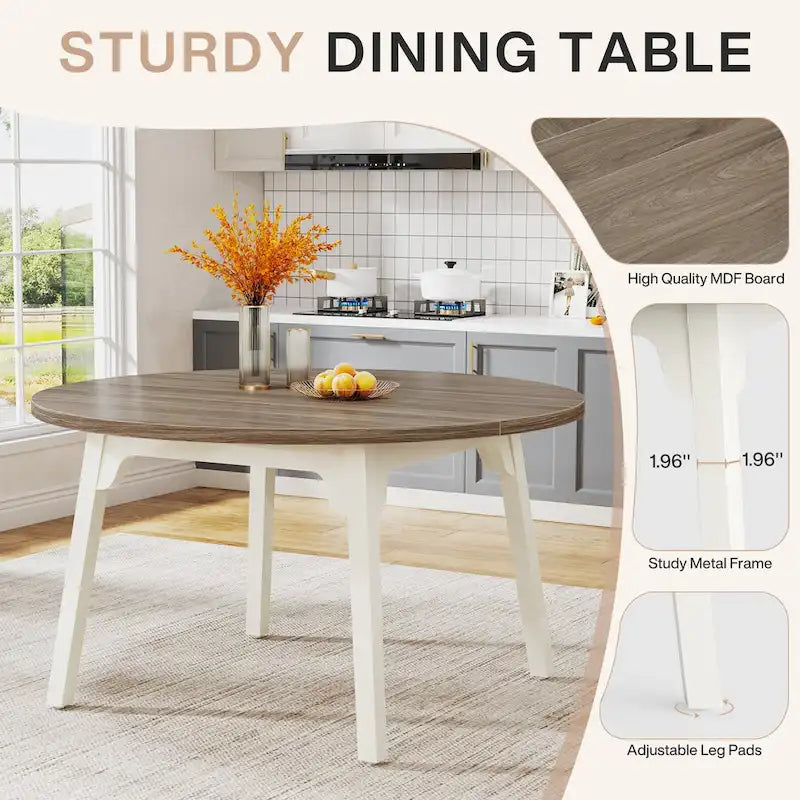 Round Dining Table for 4-6 People, 47-Inch Farmhouse Kitchen Table