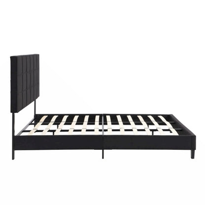 King Size Upholstered Platform Bed Frame with Linen Fabric Headboard,Black