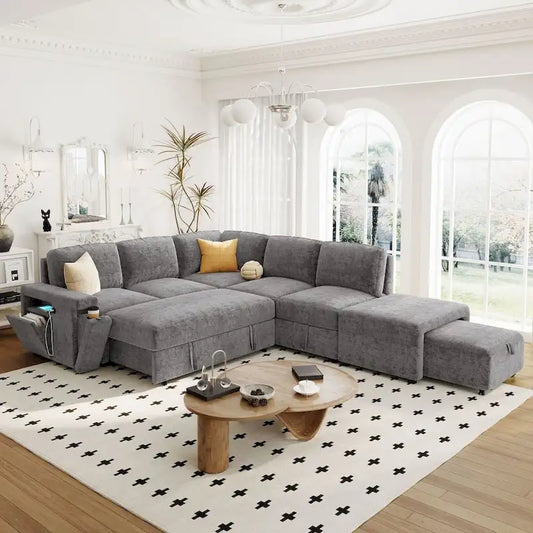 L-shaped Padded Modular Sofa with Storage Space, USB Ports, and Cup Holders on the Armrests, Suitable