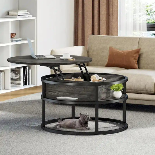 Moasis Farmhouse Lift Top Round Coffee Table with Hidden Storage and Shelf