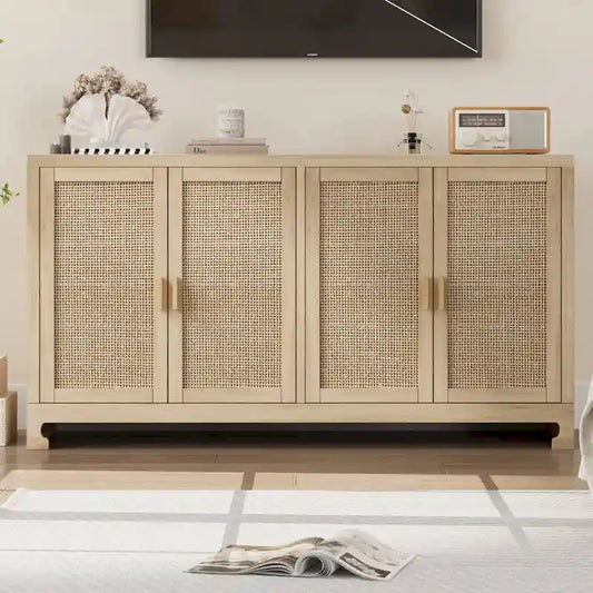 Rattan Buffet Storage Cabinet with 4 Doors and Shelf - N/A