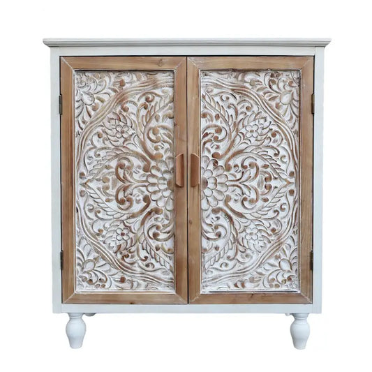 Vintage Free-Standing Buffet Cabinet with 2 Carved Doors,Brown and White, 34.5 H - 31.3x 14.2x 34.5