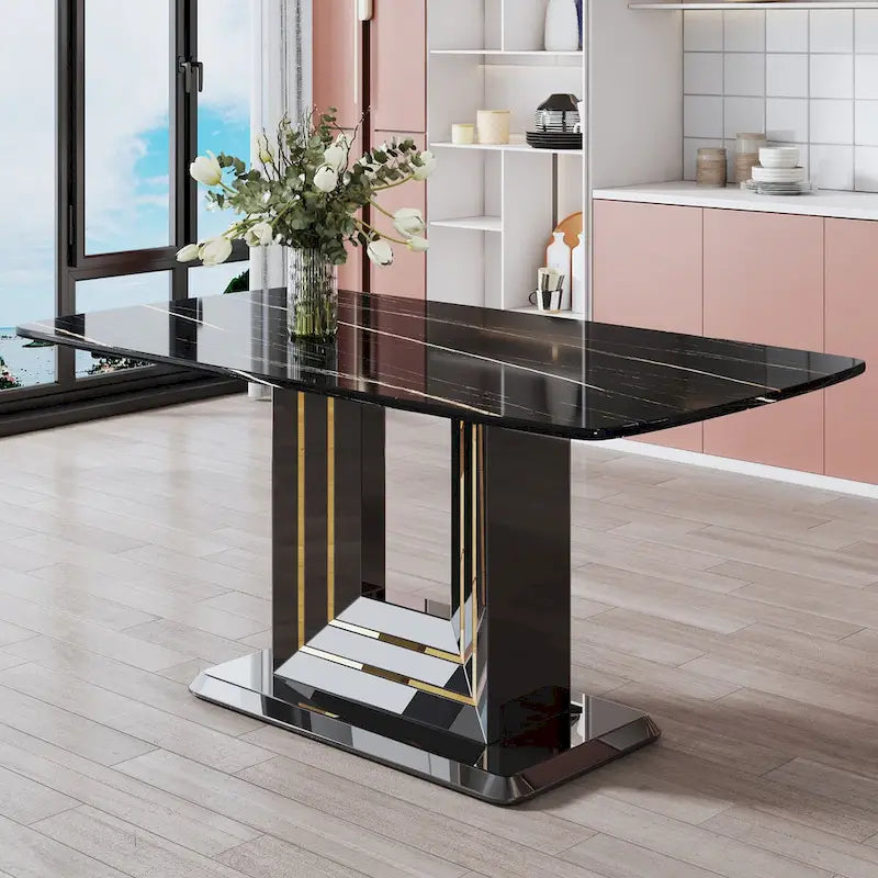 Dining table. Black imitation marble pattern desktop. Black MDF table legs, gold lines, black base