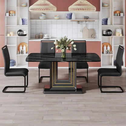 Dining table. Black imitation marble pattern desktop. Black MDF table legs, gold lines, black base