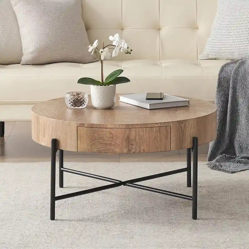 Round Coffee Table with with Two Drawers - Natural