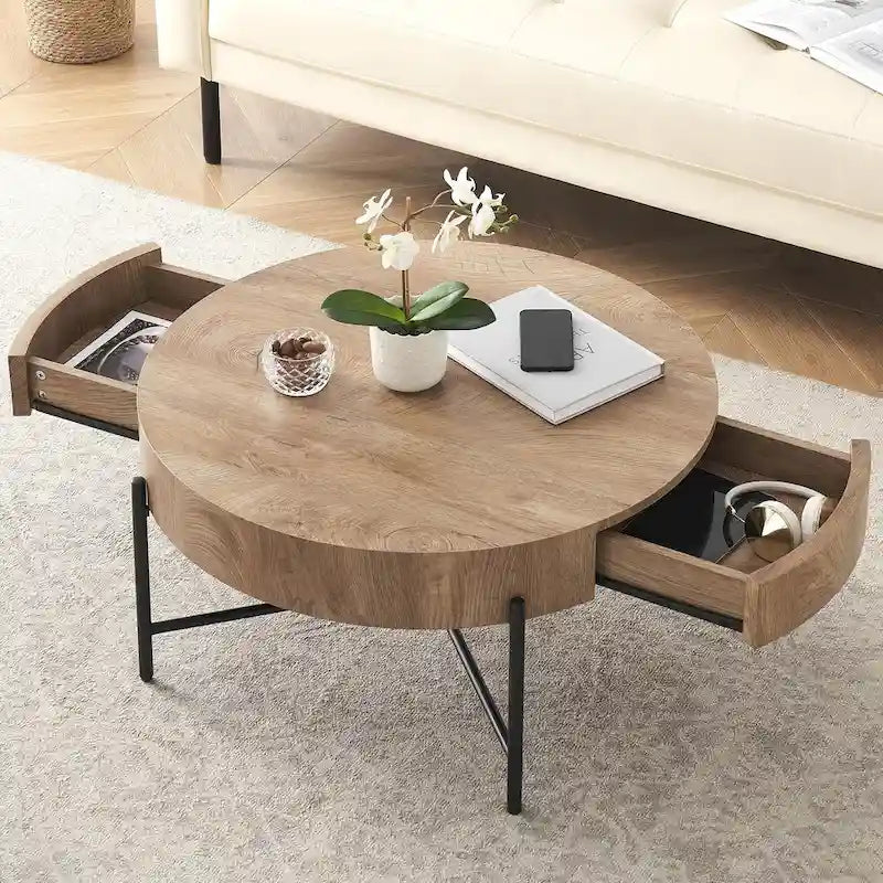 Round Coffee Table with with Two Drawers - Natural