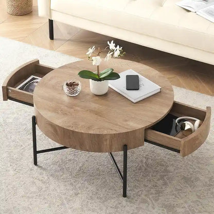 Round Coffee Table with with Two Drawers - Natural