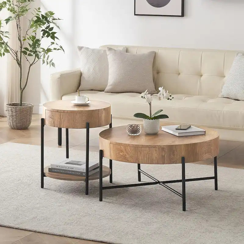 Round Coffee Table with with Two Drawers - Natural