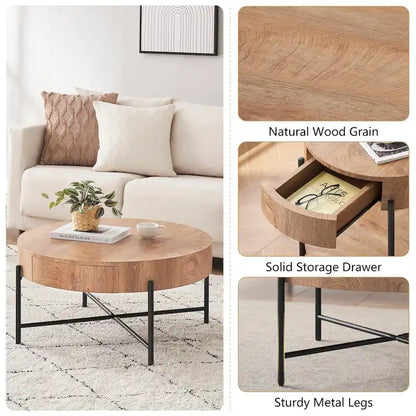 Round Coffee Table with with Two Drawers - Natural