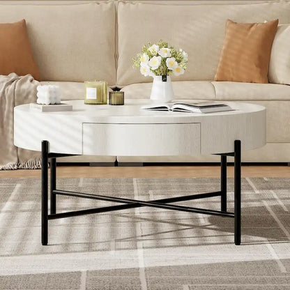 Round Coffee Table with with Two Drawers - Natural