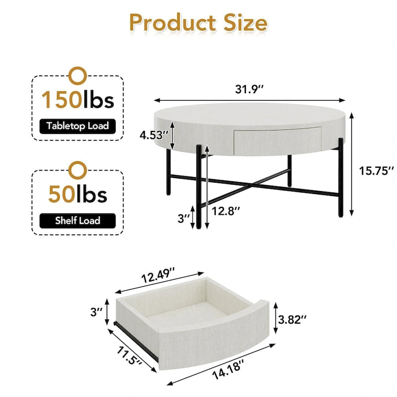 Round Coffee Table with with Two Drawers - Natural