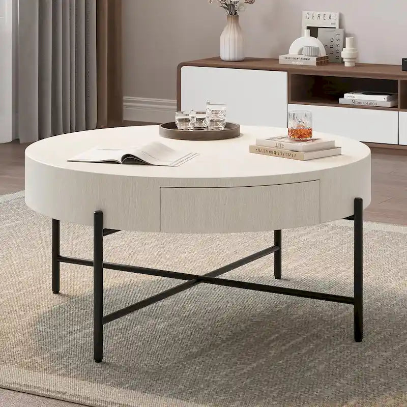 Round Coffee Table with with Two Drawers - Natural