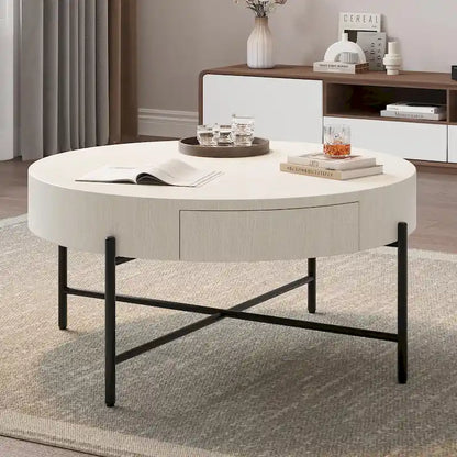Round Coffee Table with with Two Drawers - Natural
